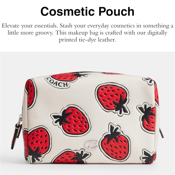 Coach Essential Cosmetic Pouch With Strawberry Print in Chalk Pebble Leather NWT - Picture 11 of 14